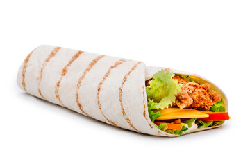 A grilled wrap with meat, lettuce, and tomatoes on a white background. The wrap is placed centrally with a close-up perspective. No people are in the photo. The background is plain white.