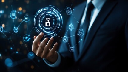 Concept of security and protection, as the man is holding the symbol of a lock