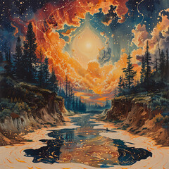 a painting of a flowing river with wildflowers, a crescent moon, and a starry sky.