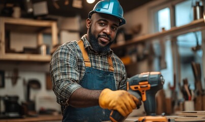 Man performing DIY carpentry work home renovation woodwork with drill gun in kitchen, Generative AI