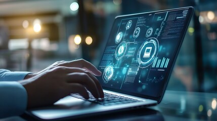 A person is typing on a laptop with a screen displaying a computer program