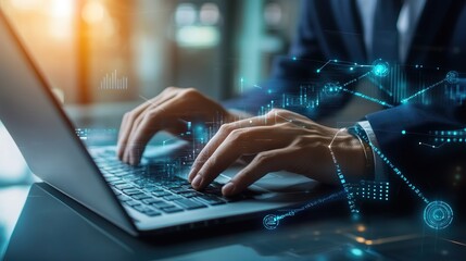A man is typing on a laptop with a blue background