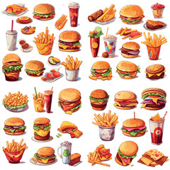 Different types of fast food isolated on white background