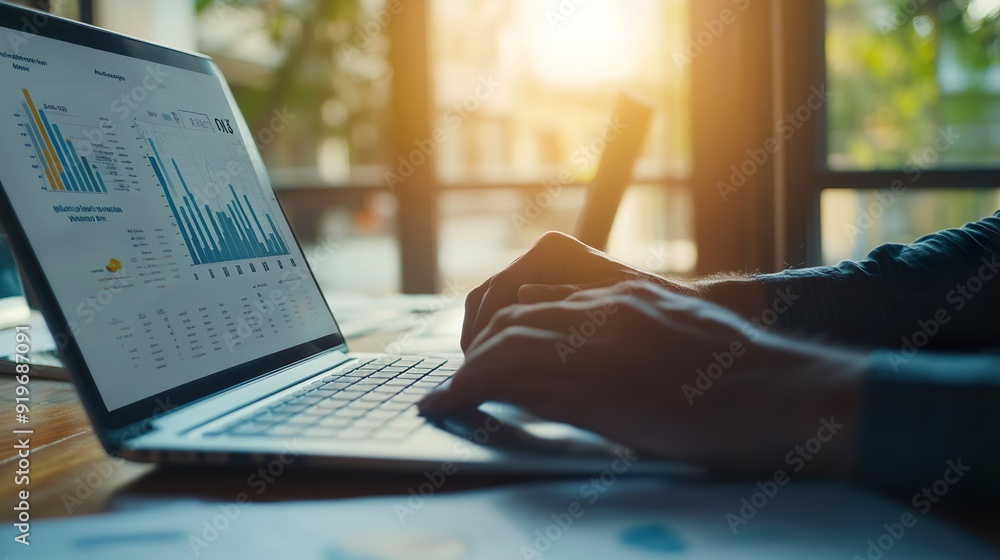 Poster a person is typing on a laptop with a screen displaying graphs and charts