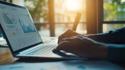 A person is typing on a laptop with a screen displaying graphs and charts