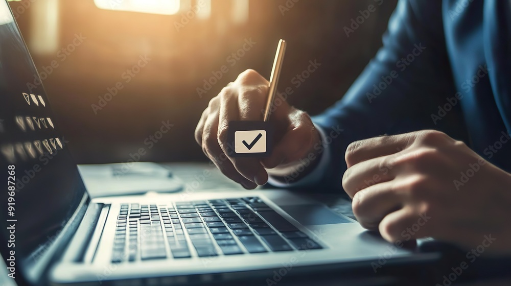 Poster a man is typing on a laptop with a check mark on it