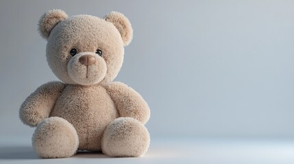 A fluffy brown teddy bear sits on a white background, looking directly at the camera.