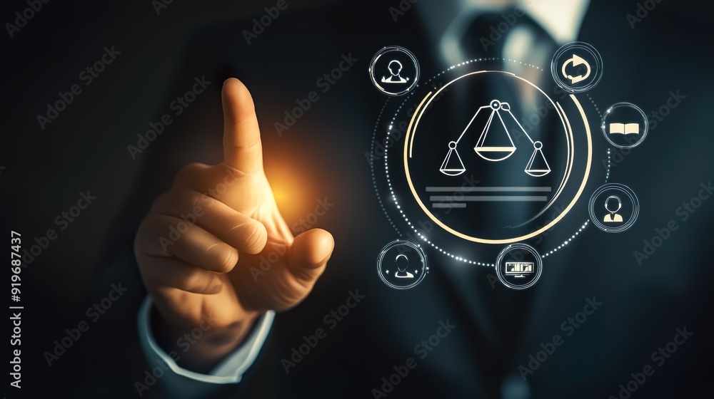 Poster a man is pointing at a screen with a symbol of a scale and a hand