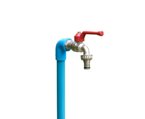 Water tap with blue PVC pipe isolated on transparent background, png file