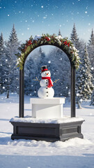 Obraz premium Christmas snowman product display podium in the snow, Xmas product stand with product presentation space in a winter wonderland, Christmas scenery, Snow man podium with presentation space, ad, podium 