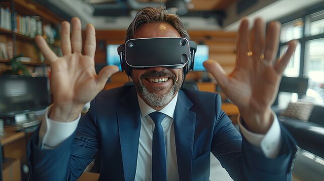 Smiling Businessman Wearing VR Headset.
