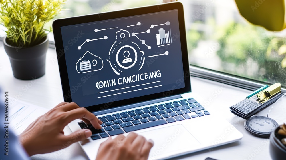 Poster a person is typing on a laptop with a screen displaying the word 