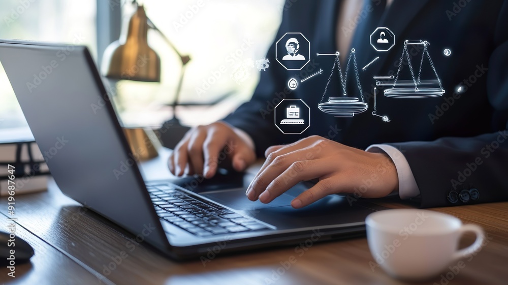 Poster a man is typing on a laptop with a screen that has a lot of symbols and a scale