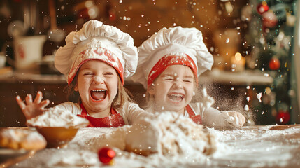 Two young girls in chef hats laugh joyfully as they playfully create a festive Christmas dinner, with flour swirling around in their busy kitchen