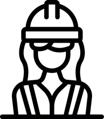 Line art icon of a female construction worker wearing a hard hat for safety