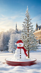 Fototapeta premium Christmas snowman product display podium in the snow, Xmas product stand with product presentation space in a winter wonderland, Christmas scenery, Snow man podium with presentation space, ad, podium 