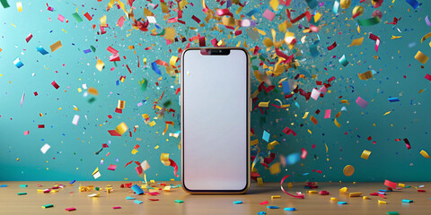 A 3D-rendered image of a smartphone surrounded by colorful confetti exploding against a teal background, symbolizing celebration, victory, or achievement