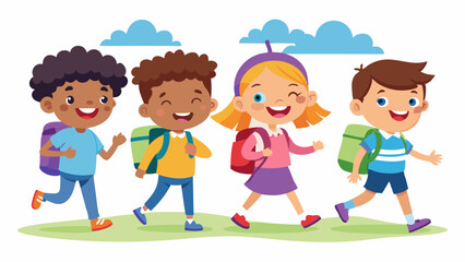 happy little kids going to school color vector art illustration