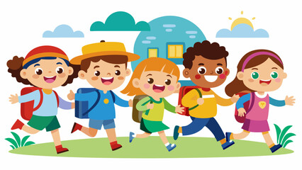 happy little kids going to school color vector art illustration