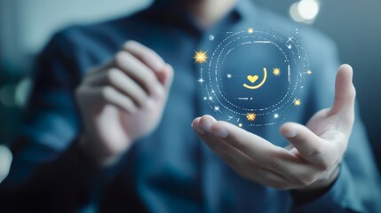 A man is holding a blue circle with a heart in the middle