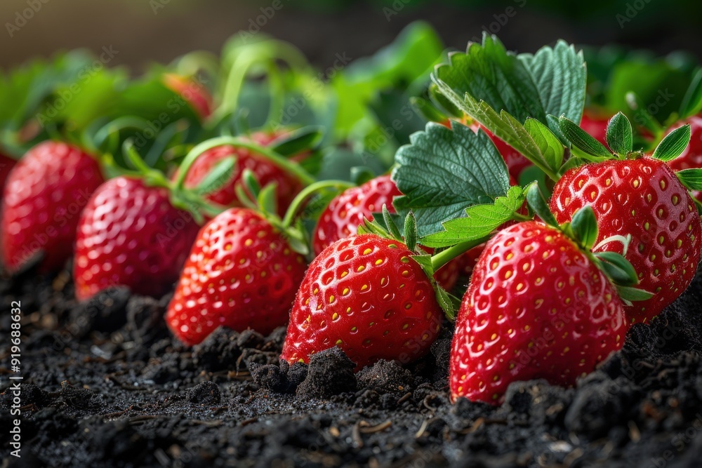 Poster a strawberry patch growing in the ground with a blurred background and a black border on all sides w