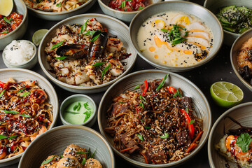 Bowls filled with various asian dishes presenting a culinary delights from japanese cuisine