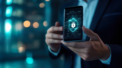 A man is holding a cell phone with a security lock on it