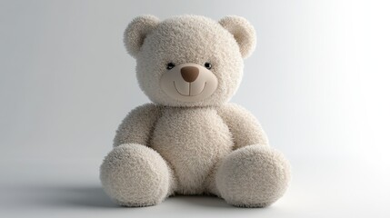 A fluffy white teddy bear sits with a smile on a white background.