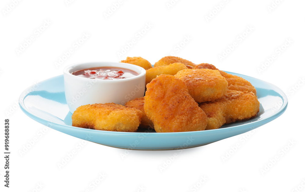 Wall mural Tasty chicken nuggets with chili sauce isolated on white