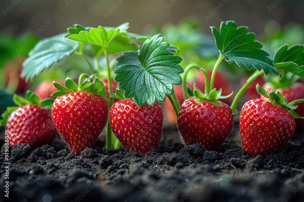 Poster a strawberry patch growing in the ground with a blurred background and a black border on all sides w