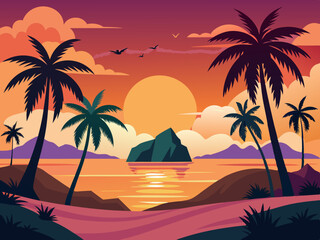 Island sunset landscape. Cartoon silhouette beach scene with palms tree in evening. Panoramic summer season background. Thailand and California horizon Vector concept
