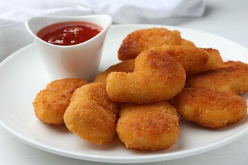 Tasty chicken nuggets with chili sauce on white table, closeup