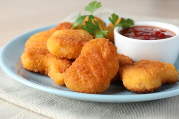 Tasty chicken nuggets with chili sauce and parsley on table, closeup