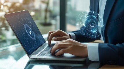 A man is typing on a laptop with a blue screen