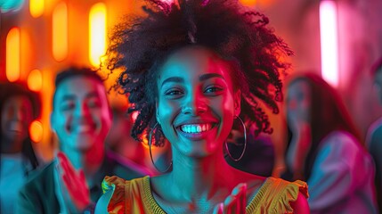 Obraz premium A young woman smiles brightly at the camera while dancing with friends at a brightly lit party.
