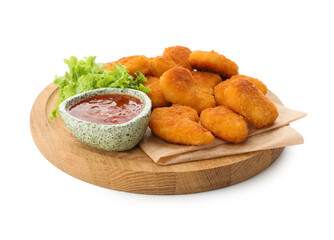 Board with hot chili sauce, lettuce and nuggets isolated on white