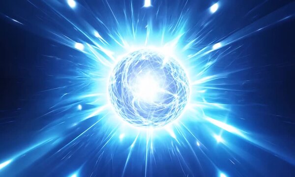 Abstract blue bright glowing background with a sphere core atom energy burning ball circle made of waves of energy rays and plasma with light video in high quality 4k, motion design