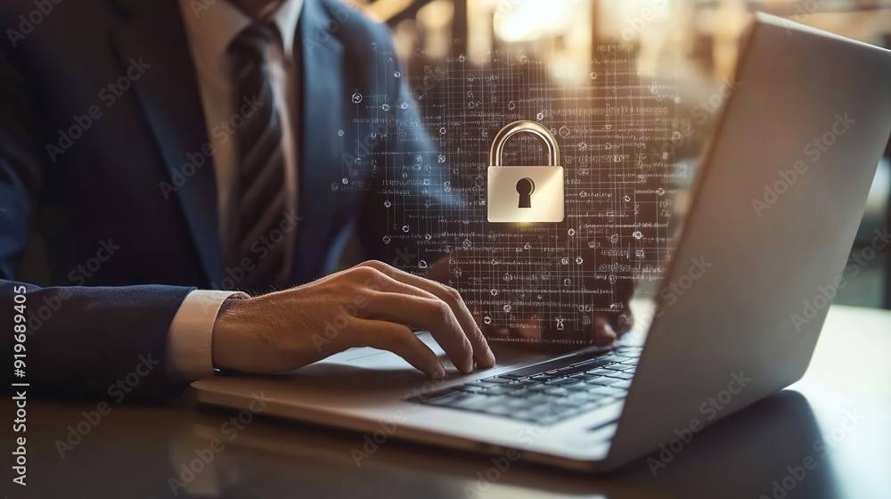 Poster a man is typing on a laptop with a keypad and a lock symbol on the screen