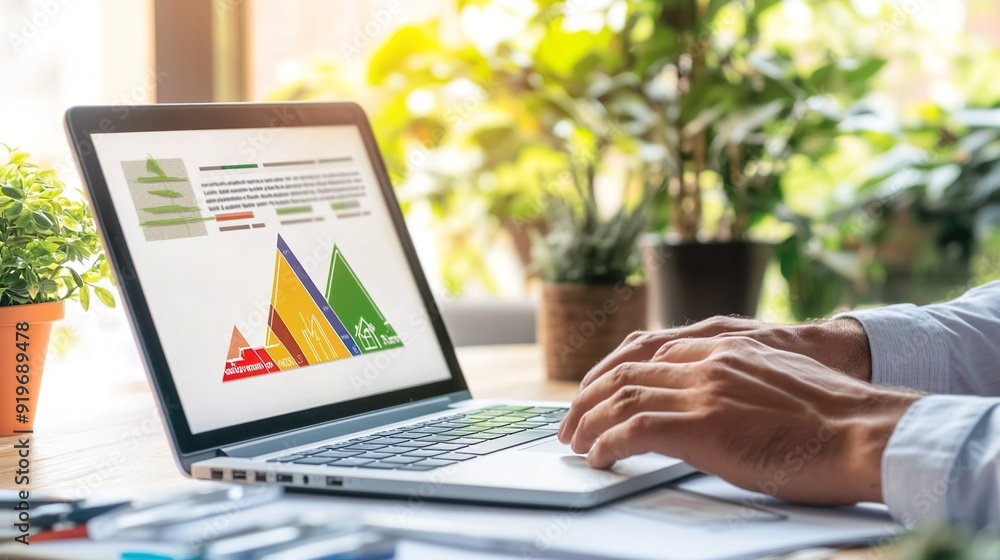Poster a man is typing on a laptop with a graph on the screen