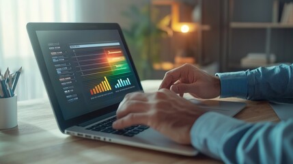 A man is typing on a laptop with a colorful graph on the screen