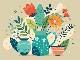 Abstract flower, plant, vase. Floral vase with flowers. Doodle simple leaves, herbs, botanic elements for poster design. Spring nature shape in pots, jugs vector concept
