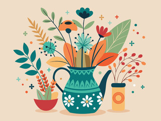 Abstract flower, plant, vase. Floral vase with flowers. Doodle simple leaves, herbs, botanic elements for poster design. Spring nature shape in pots, jugs vector concept
