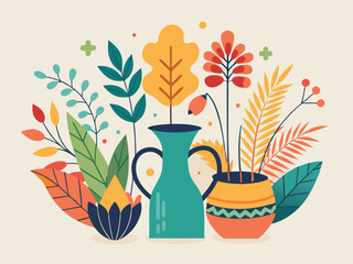 Abstract flower, plant, vase. Floral vase with flowers. Doodle simple leaves, herbs, botanic elements for poster design. Spring nature shape in pots, jugs vector concept
