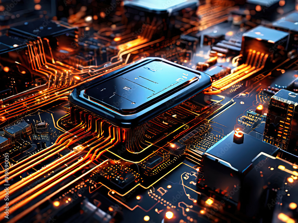 Poster close-up of a computer motherboard with glowing circuits.