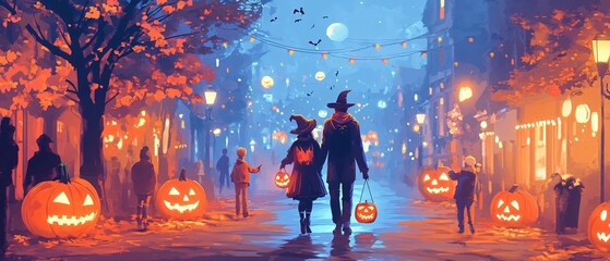 Playful Couple in Matching Costumes Trick or Treating with Kids on Halloween Night