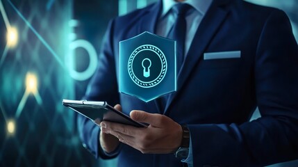 A man is holding a tablet with a blue screen that says "lock" on it
