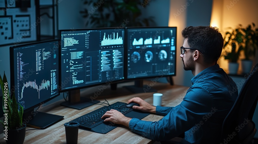 Poster a man is sitting at a desk with three computer monitors in front of him