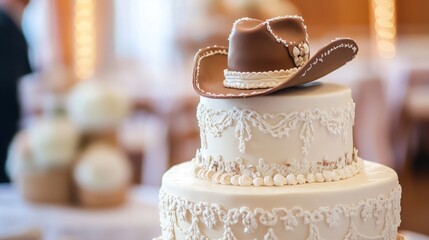 A beautifully decorated two-tiered wedding cake features intricate icing designs with a cowboy hat resting on top, set up in an elegant reception venue.