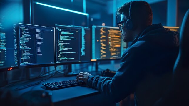A man is sitting in front of a computer with three monitors and a keyboard