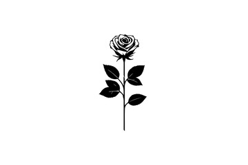 A vector illustration featuring a black silhouette of a rose, complete with a rosebud and leaves, set against a white background.